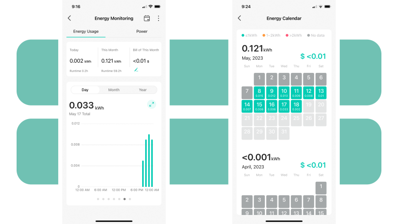 The Kasa Smart Wi-Fi Plug with Energy Monitoring app, showing energy usuage on a green and white background.