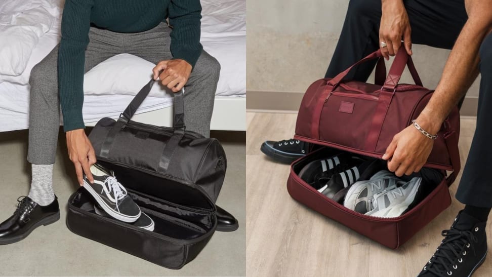 man packing shoes into his black Calpak bag, man zipping shoe compartment to his maroon Calpak bag