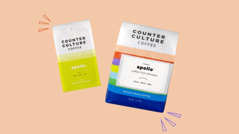 Two bags of coffee beans on peach background
