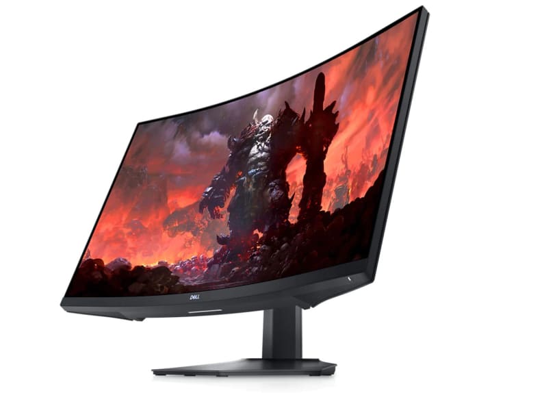 One of the best 32 inch gaming monitors, a curved dell display on a plain stand against a white background