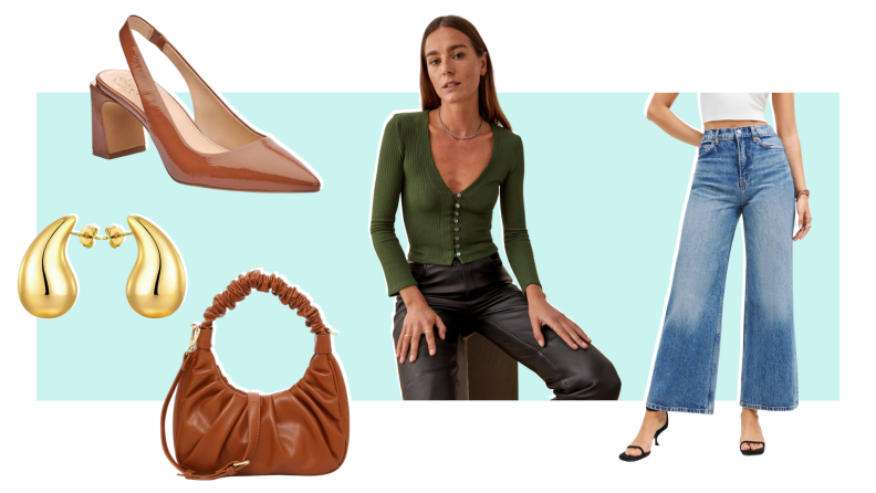 A brown heeled slingback, gold earrings, a brown handbag, a model wearing a green top, and a pair of cropped wide-leg jeans.