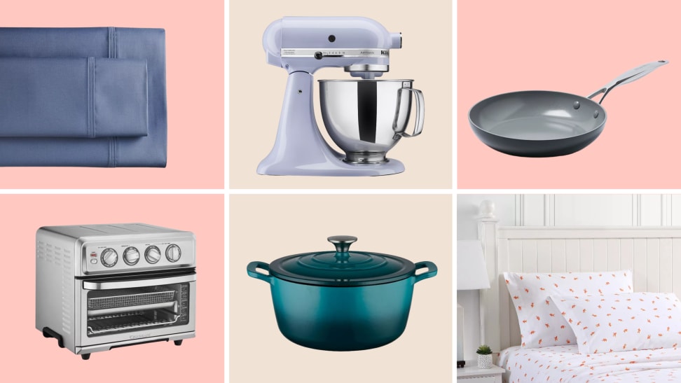 Clockwise from top left: A set of blue sheets; a KitchenAid stand mixer; a frying pan;  a toaster oven; a Dutch oven; and a bed made up with patterned sheets.