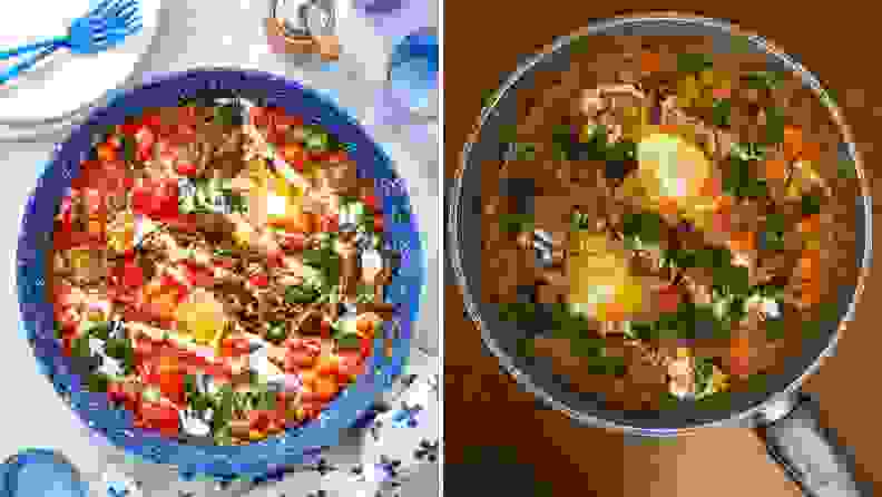 On left, Blue Apron photo of Shakshuka on bright blue background. On right, Reviewed's image of Blue Apron's Shakshuka recipe shot from above.