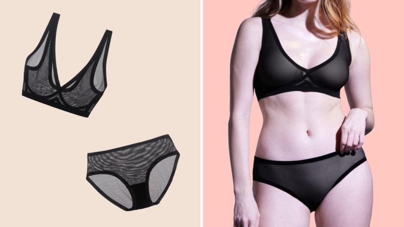 Collage of a model wearing a black mash matching underwear set, and product shots of the same pieces.