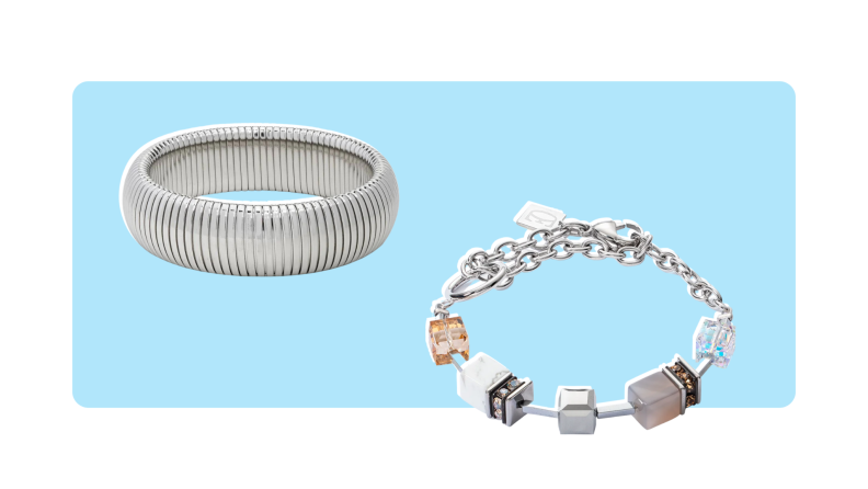 A chunky silver bracelet, and a bracelet with various stones throughout.