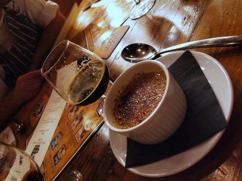 A chocolate stout and a serving of Chocolate Stout and crème brûlée
