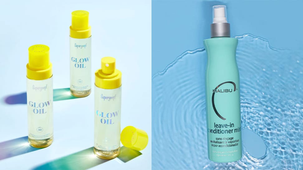 The Supergoop Sun-Defying Sunscreen Oil and the Malibu C Hydrating and Detangling Leave-In Conditioner Mist.