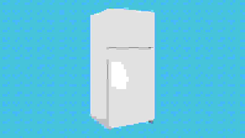 An image of the fridge  floating over a void of Reviewed.com checkmarks.