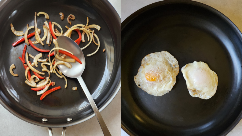 Side-by-side shots of the pan being used to cook eggs and onions respectively.