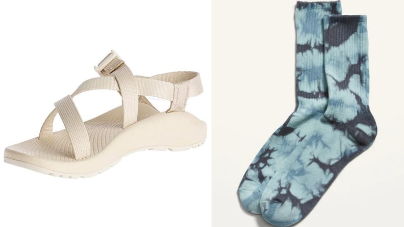 White Chaco Z1 sandals, blue tie-dye socks from Old Navy.