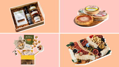 Enzo's Table gift box, Giordano's pizza, Spoonful of Comfort bread basket, and a Platterful charcuterie board on a pink and orangebackground