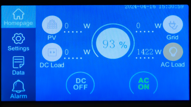 The screen on the Bluetti AC300+B300 home battery backup is shown, displaying readings and options.