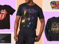 A Rolling Stones Tee, eyeshadow from Haus Laboratories, a man wearing a Purple Rain tee, a Dolly Parton sweatshirt, and the Beatles guitar picks on a colorful background.