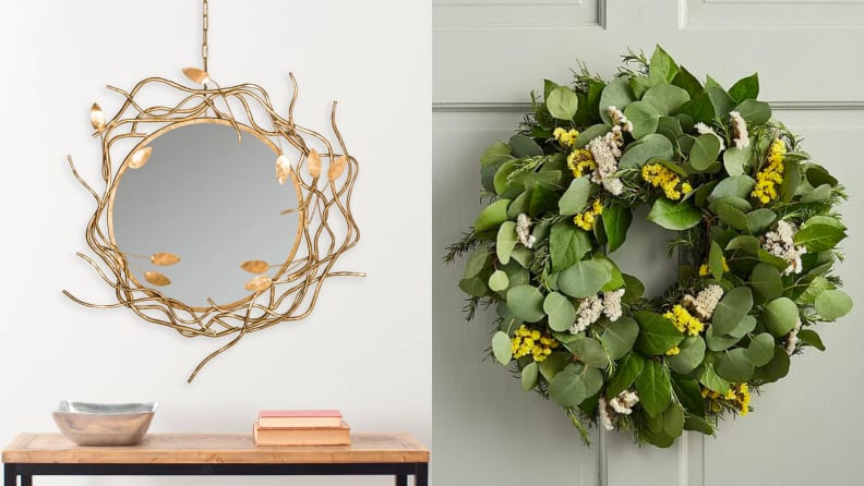 1) A golden wreath mirror. 2) A green leafy wreath.