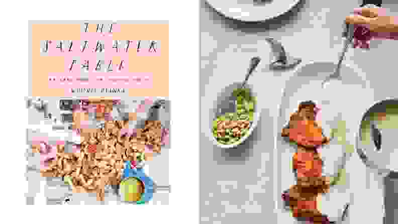 Left: A photo of the cookbook, Saltwater Table. Right: Overhead shot of a hand spreading sauce on fried oysters, plated on a white platter on top of a modern white table.