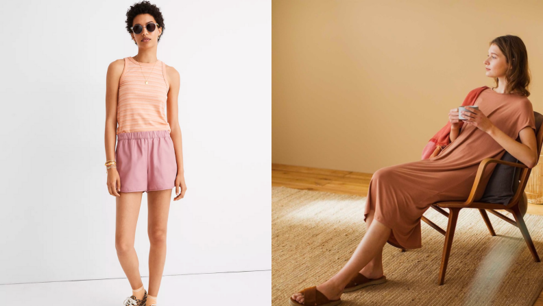 Woman wearing rayon tank top by Madewell, woman lounging in rayon dress by UNIQLO
