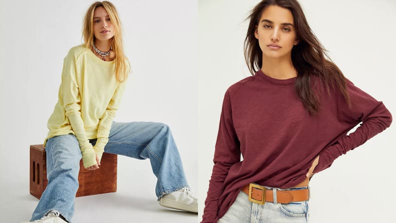 Two models wearing a yellow and maroon Arden Tee.