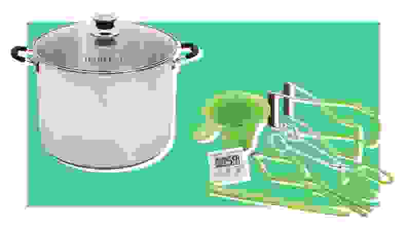 Large canning pot and an array of green canning tools on green background