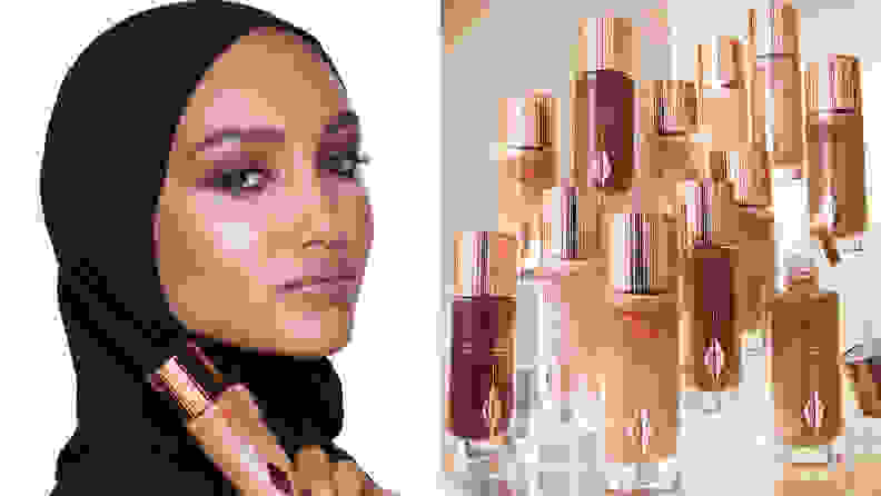 On the left: A person wearing a hijab looks at the camera and holds a Charlotte Tilbury bottle. On the right: Bottles of Charlotte Tilbury foundation in several different shades stacked to form a pyramid-like formation.