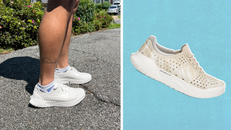 Side view of the author wearing white sneakers, and on the right is a beige sneaker against a blue background.