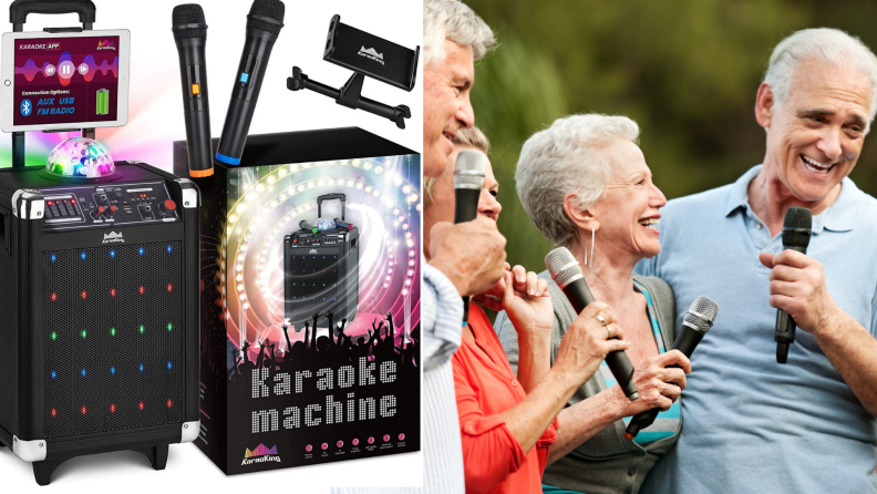 On left, black karaoke machine with microphone and iPad. On right, group of elderly friends singing karaoke together.