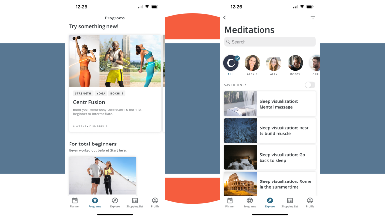 A screenshot of Centr's workout and meditation sessions offered in the app.