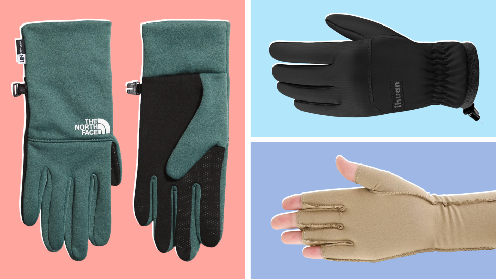 North Face Etip Gloves, Janmercy Compression Gloves, and Ihuan Winter Gloves in a single image