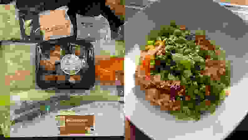 On left, Green Chef ingredients laid out on counter. On right, a dish of grains and veggies on white plate.