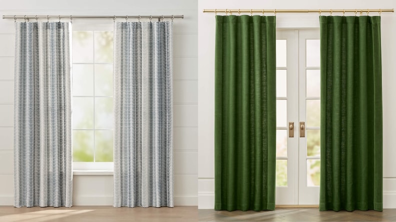 A split image of curtains from Crate & Barrel, one of the best places to buy curtains online.