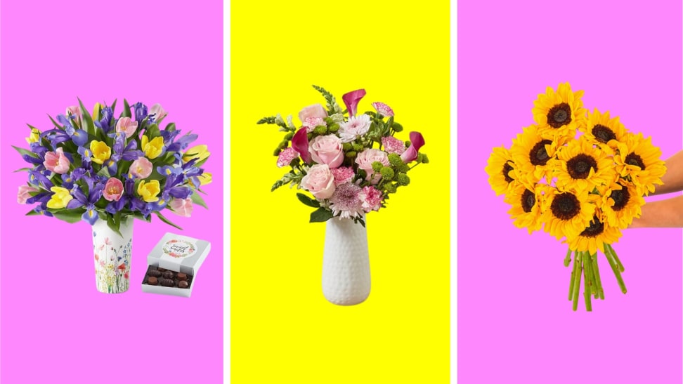 Various flower bouquets in front of colored backgrounds.