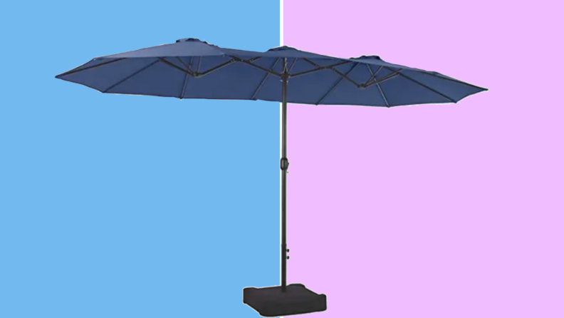 An image of a massive blue patio umbrella.