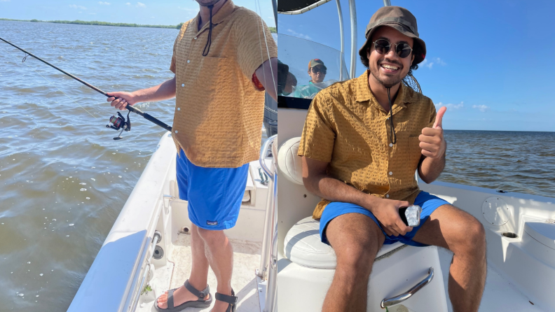 man fishing with Patagonia Baggies, man sitting on boat in Patagonia Baggies