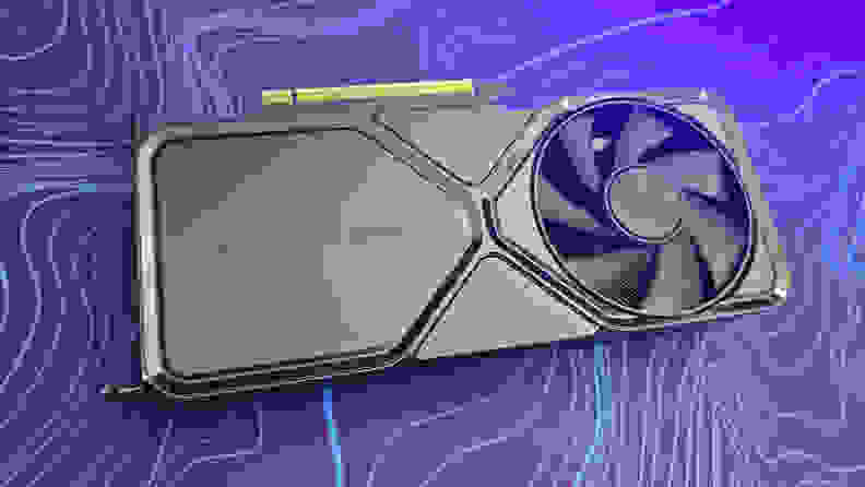 The Nvidia RTX 4070 system on a purple and blue mat.