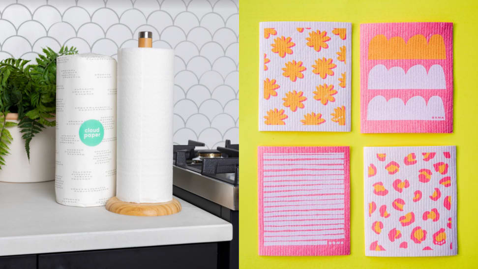 On left, roll of packaged and unpackaged Cloud Paper towel rolls on counter next to stove top and plant. On right, product shot of four multi-colored Oona sponge cloths.