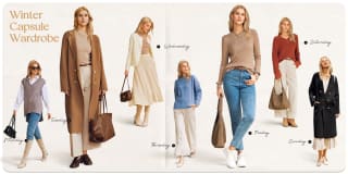 Magazine spread with a blonde woman modeling 7 different winter outfits in beige, blue, black, and red