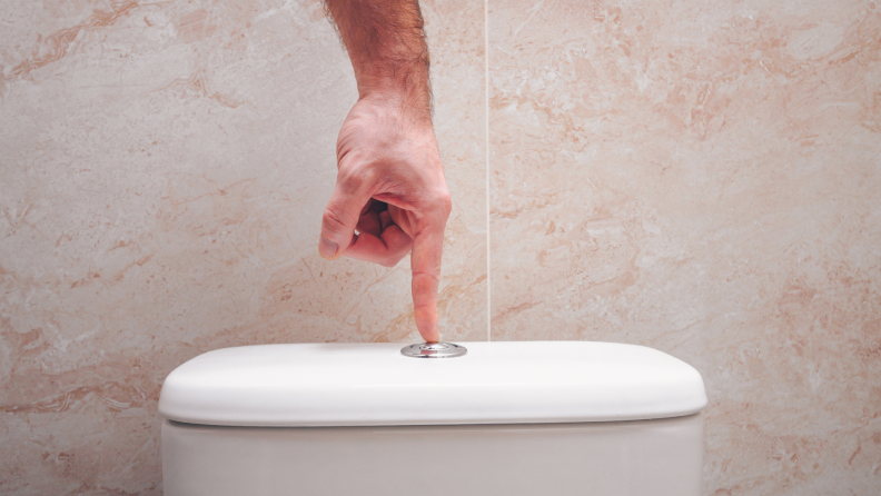 Person pushing the flush button on the top of the toilet lid