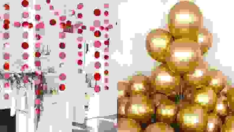 Red garland and a stack of golden balloons