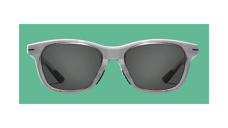 Product shot of the gray wayfarer sunglasses from Roka.