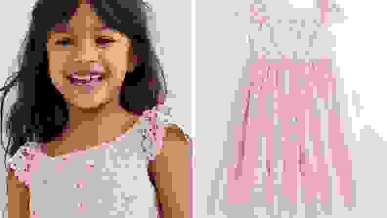 On left, child smiling. On right, pink lace and tulle children's dress.