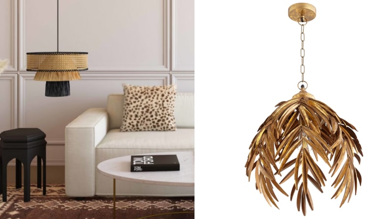 On left, tan and black rattan hanging light fixture in living room next to cream colored couch. On right, product shot of palm-shaped brass finished light fixture.
