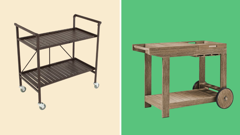 Two outdoor bar carts against a green and white background.