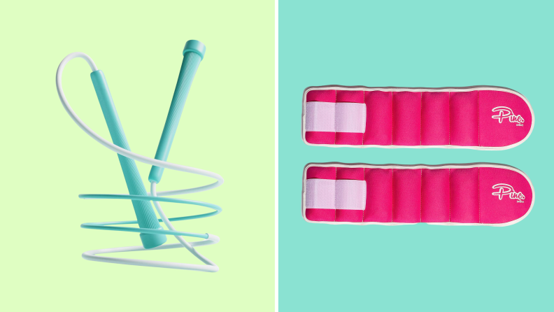 Side-by-side image of an OVICX jump rope in teal and a pink set of Healthymodellife ankle weights.