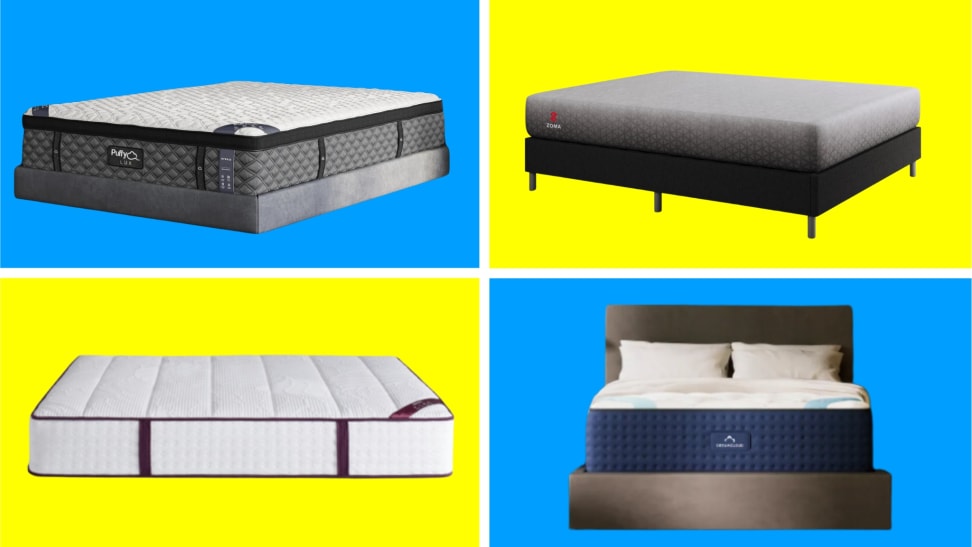 A collection of mattresses in front of colored backgrounds.