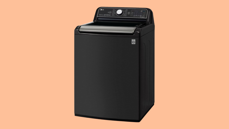 An LG WT7900HBA washer sits on a peach background.