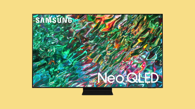 A Samsung Neo QLED Smart TV on a yellow background.