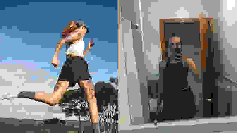 left: woman wearing allbirds running shorts. right: woman taking a mirror selfie of her wearing allbirds running shorts.