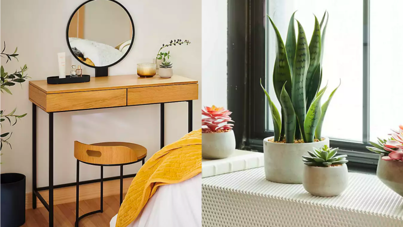 An image of a pale wooden vanity in front of a yellow chair, alongside an image of a fake snake plant and fake succulent sat on a windowsill.