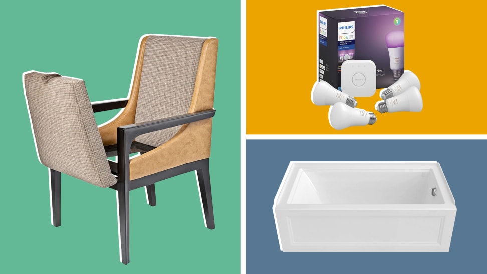 On left, armchair with seat storage. On top right, Philips smart bulbs. On bottom right, white tub.