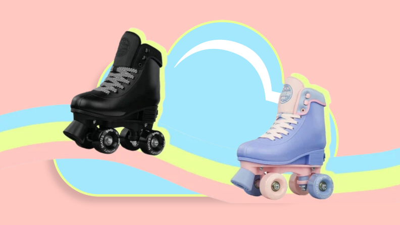 Black and purple roller skates on a rainbow.