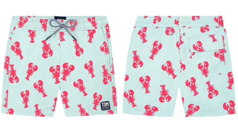 Light blue swim trunks with red lobster print